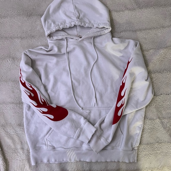White hoodie with red flames on arms - Picture 3 of 5